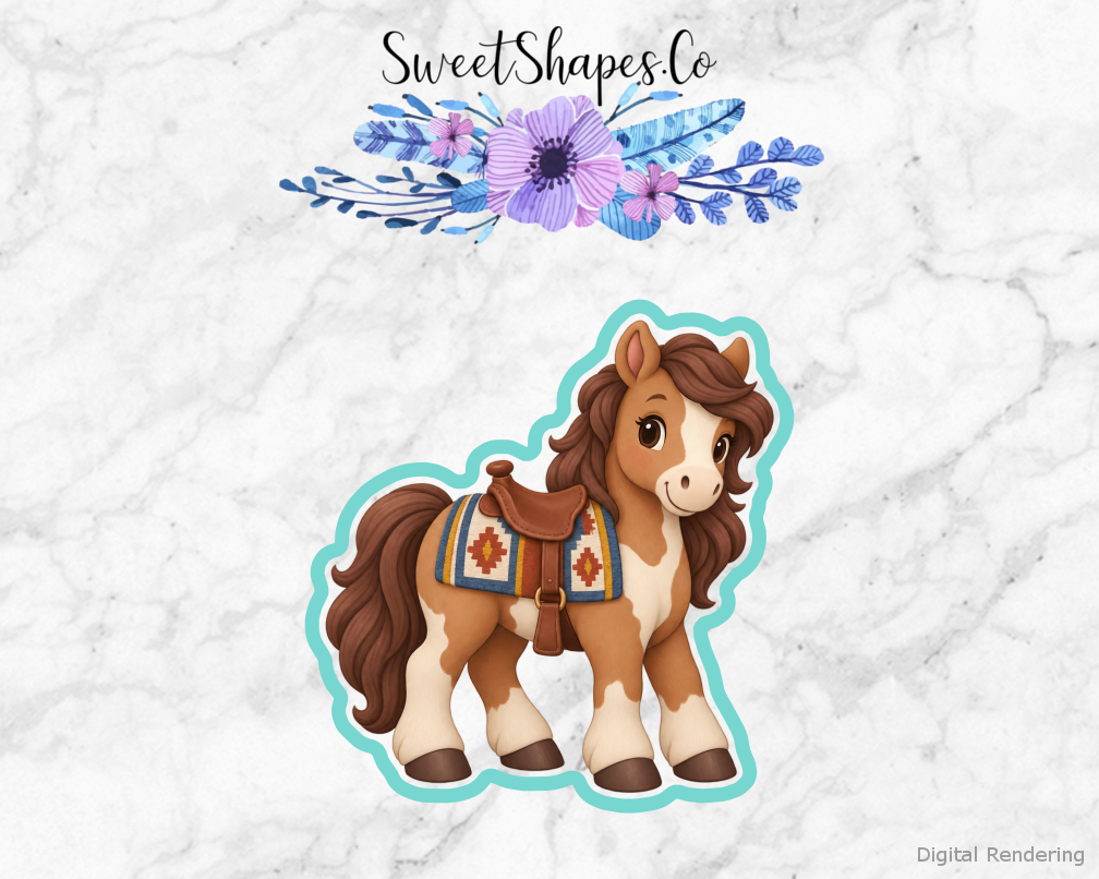 Cowpoke Party Pony with Saddle Blanket cookie cutter artwork with teal cutting outline - part of the Little Cowpoke Birthday set