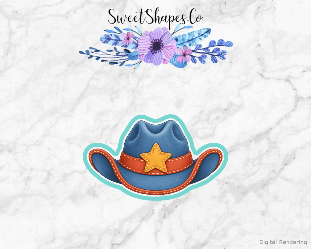 Cowpoke Party Star Patch Cowboy Hat cookie cutter artwork with teal cutting outline - part of the Little Cowpoke Birthday set
