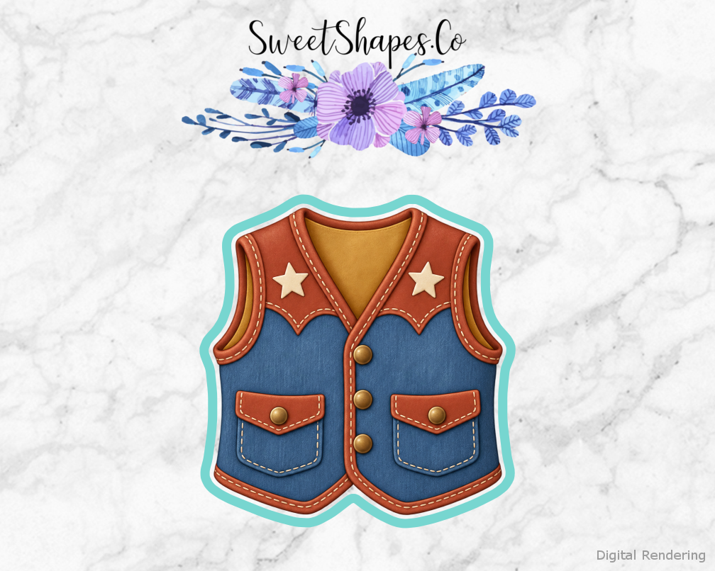 Cowpoke Party Western Vest with Pockets cookie cutter artwork with teal cutting outline - part of the Little Cowpoke Birthday set