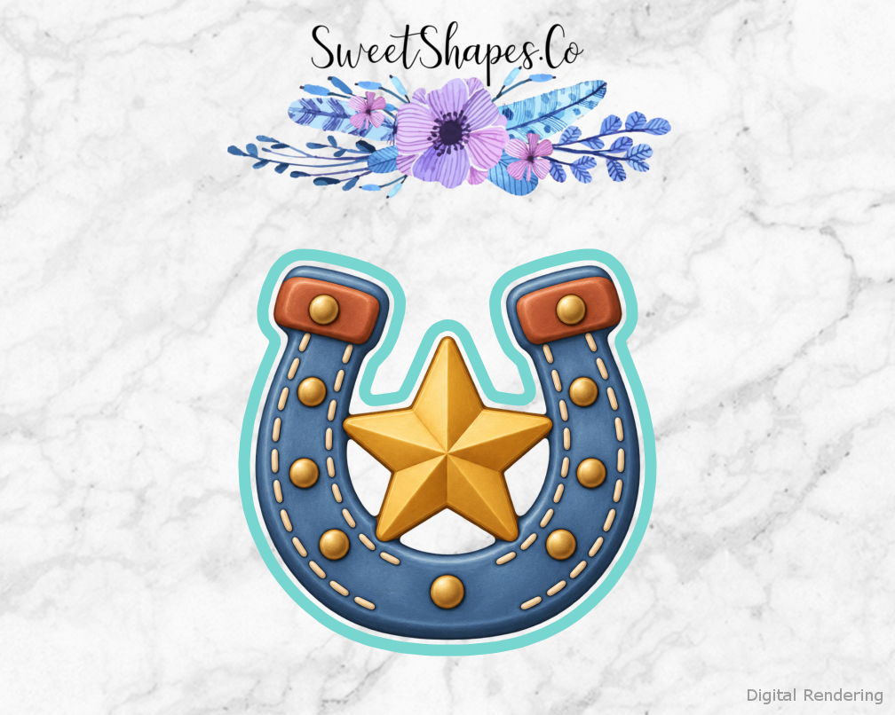 Cowpoke Party Horseshoe with Star cookie cutter artwork with teal cutting outline - part of the Little Cowpoke Birthday set