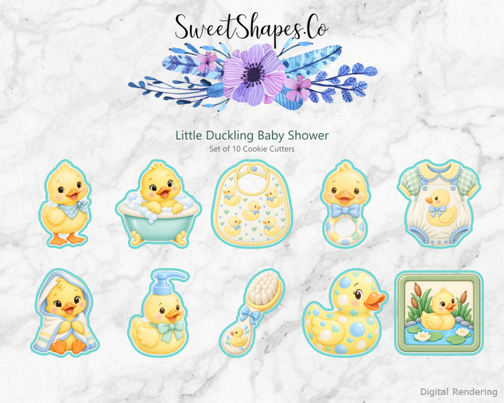Little Duckling Baby Shower Cookie Cutters - Set of 10 - full colour overview with cutting outlines
