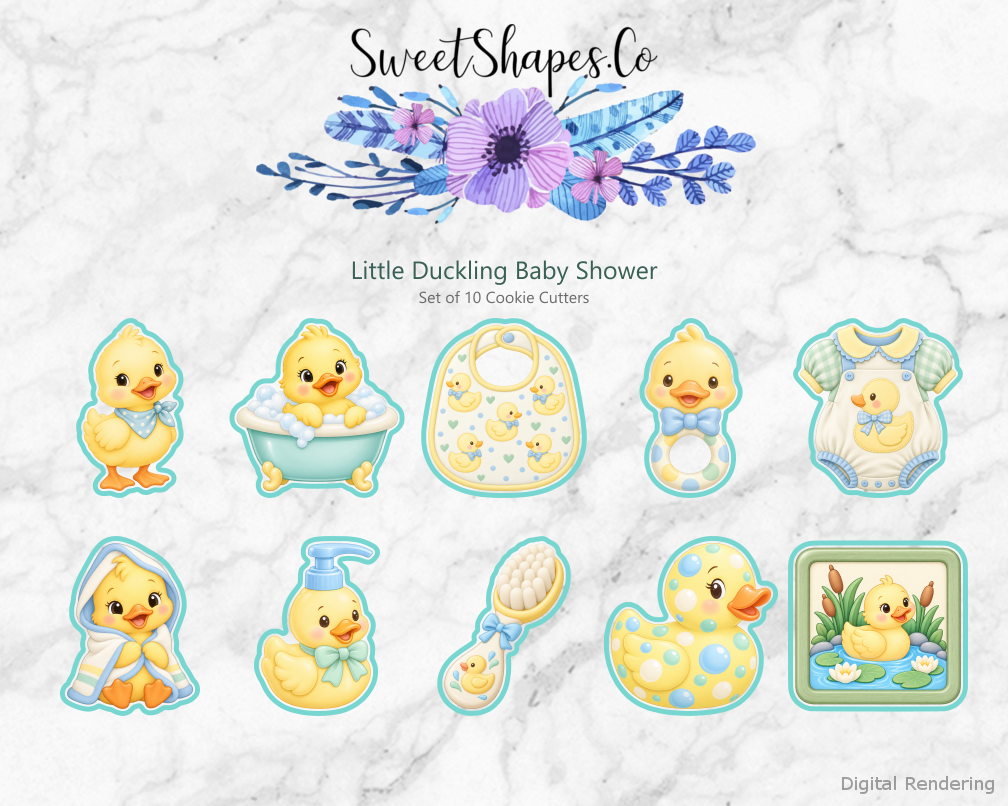 Little Duckling Baby Shower Cookie Cutters - Set of 10 - full colour overview with cutting outlines