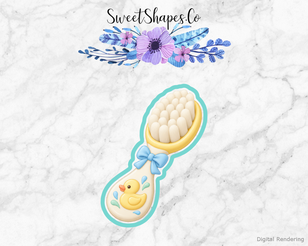 Duckling Shower Baby Bath Brush cookie cutter artwork with teal cutting outline - part of the Little Duckling Baby Shower set