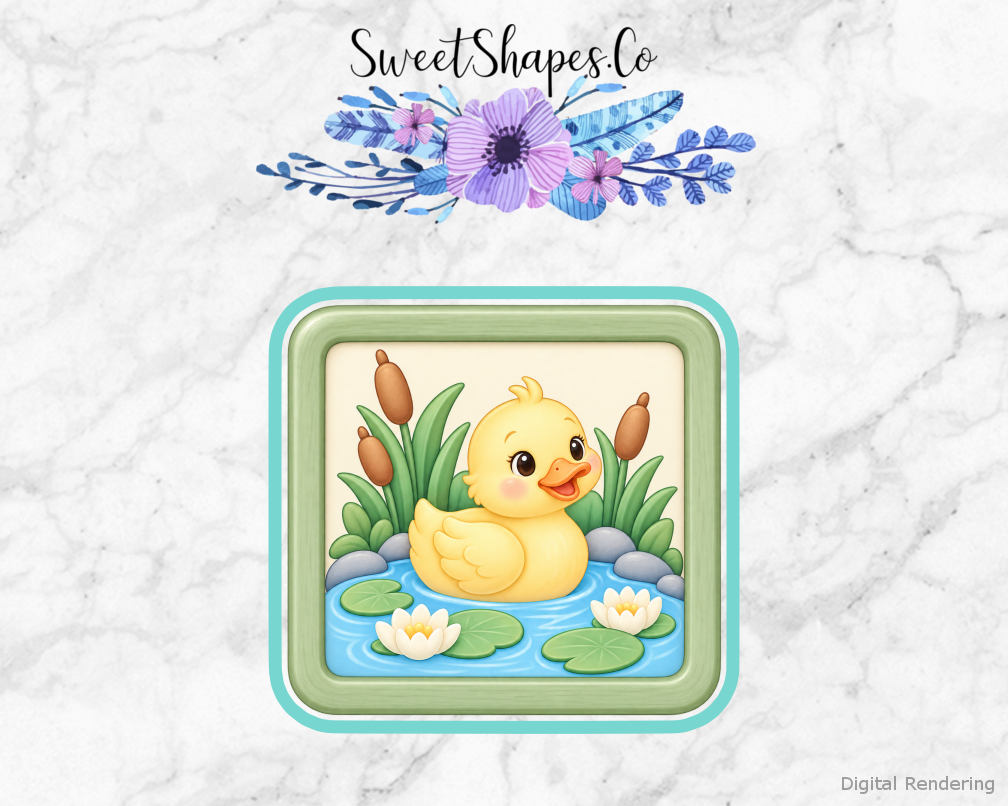 Duckling Shower Duck Pond Nursery Picture cookie cutter artwork with teal cutting outline - part of the Little Duckling Baby Shower set