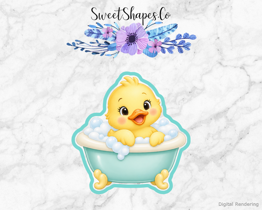 Duckling Shower Duckling in Bath Tub cookie cutter artwork with teal cutting outline - part of the Little Duckling Baby Shower set