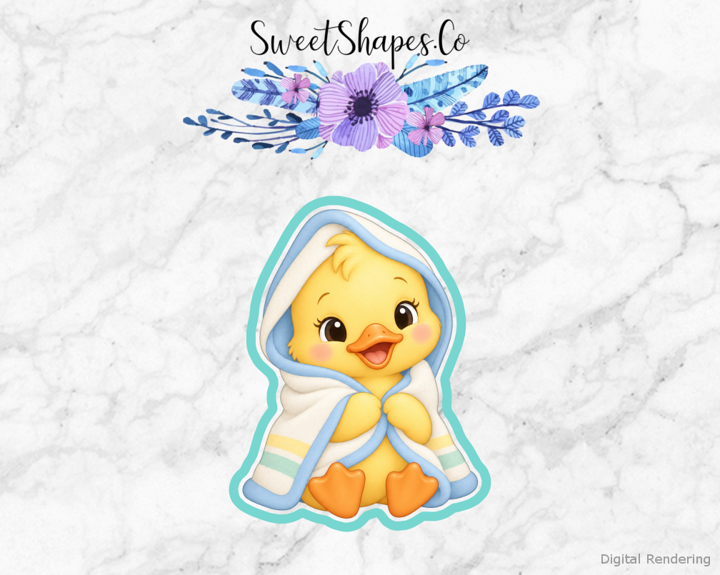 Duckling Shower Tiny Duck Bath Towel cookie cutter artwork with teal cutting outline - part of the Little Duckling Baby Shower set
