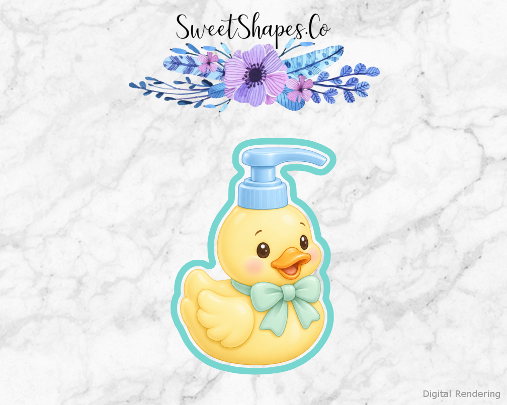 Duckling Shower Baby Soap Pump cookie cutter artwork with teal cutting outline - part of the Little Duckling Baby Shower set
