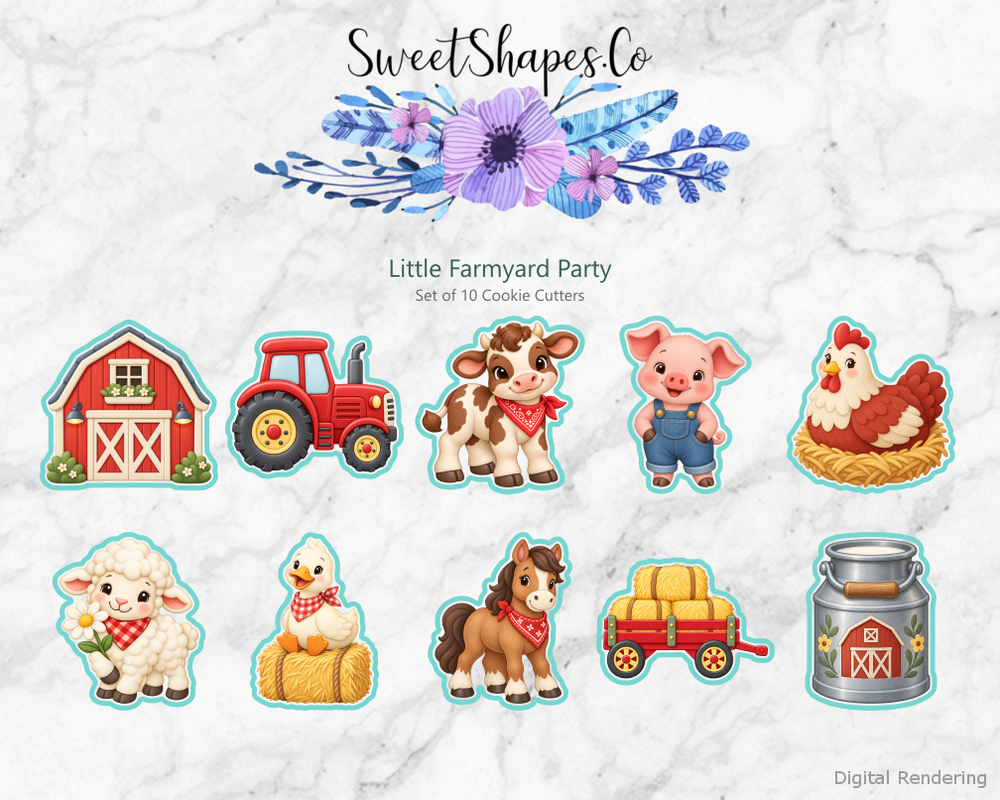 Little Farmyard Party Cookie Cutters - Set of 10 - full colour overview with cutting outlines