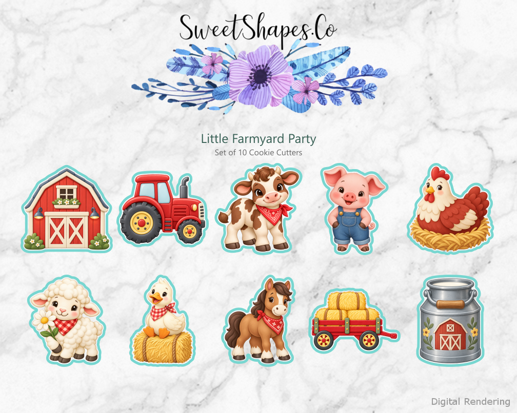 Little Farmyard Party Cookie Cutters - Set of 10 - full colour overview with cutting outlines
