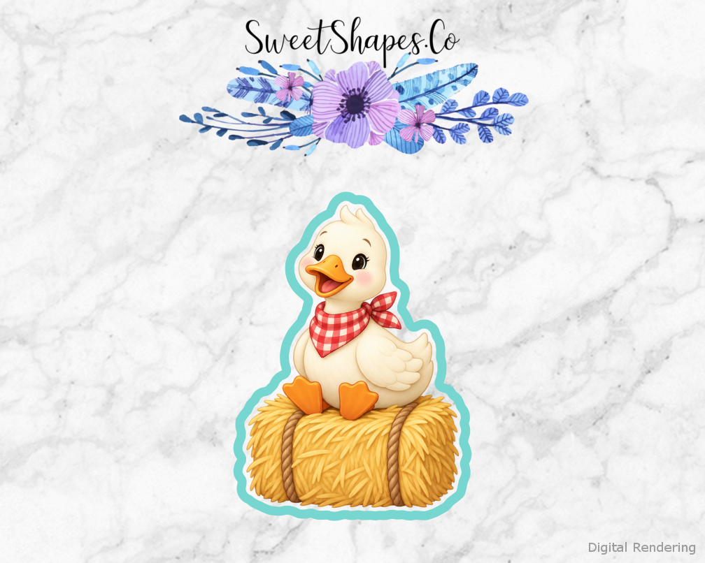 Farmyard Party Duck On A Hay Bale cookie cutter artwork with teal cutting outline - part of the Little Farmyard Party set