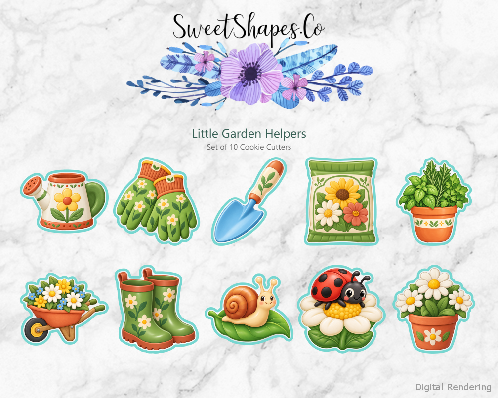 Little Garden Helpers Cookie Cutters - Set of 10 - full colour overview with cutting outlines