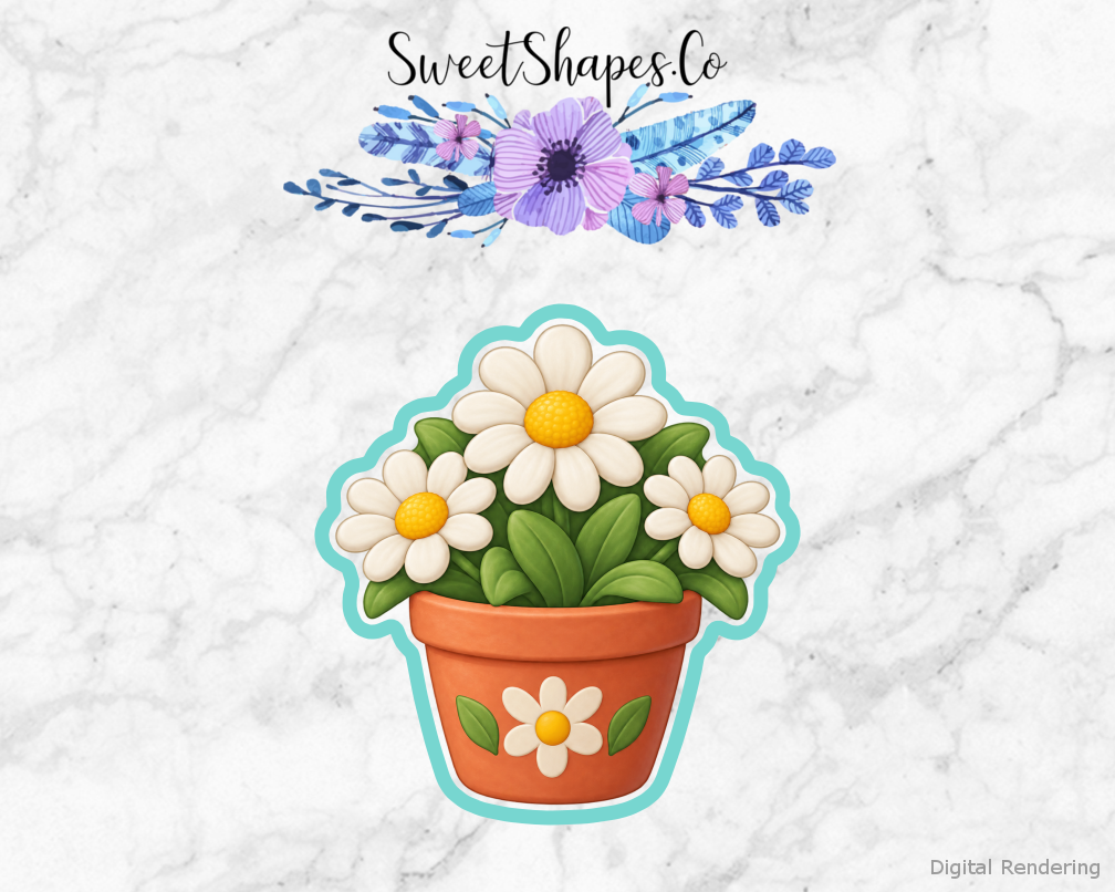 Garden Helper Daisy Planter cookie cutter artwork with teal cutting outline - part of the Little Garden Helpers set