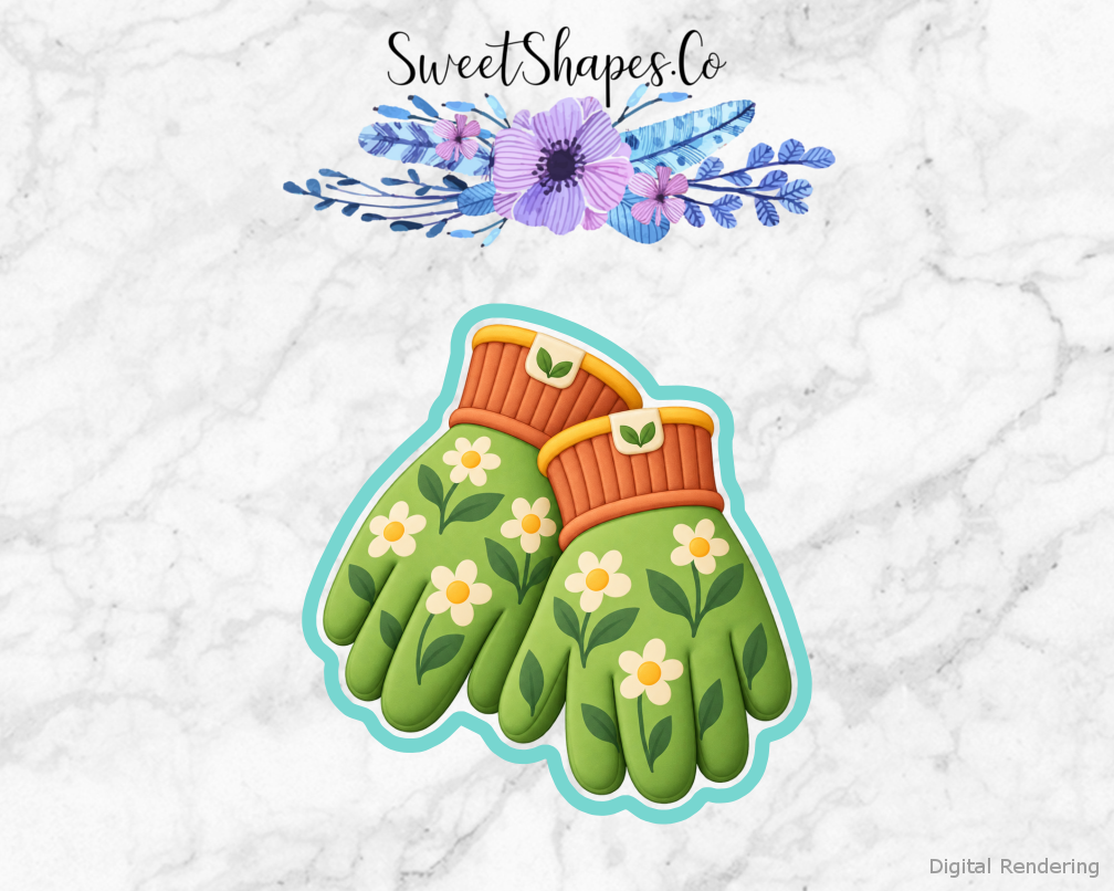 Garden Helper Garden Gloves cookie cutter artwork with teal cutting outline - part of the Little Garden Helpers set