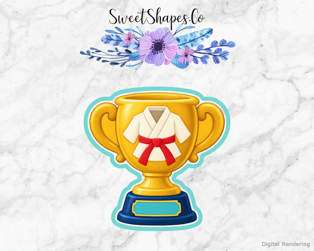 Karate Club Milestone Trophy cookie cutter artwork with teal cutting outline - part of the Little Karate Milestones set