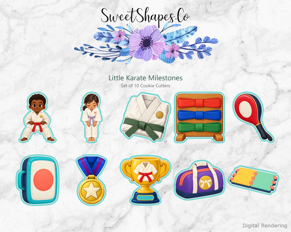 Little Karate Milestones Cookie Cutters - Set of 10 - full colour overview with cutting outlines