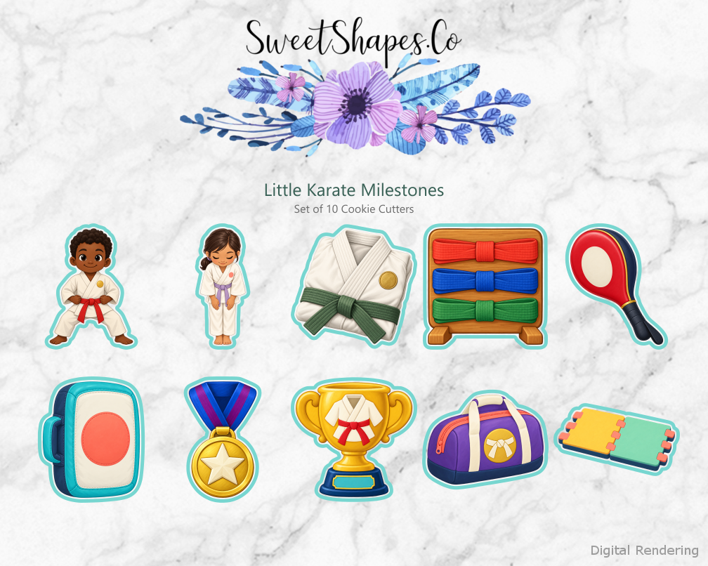 Little Karate Milestones Cookie Cutters - Set of 10 - full colour overview with cutting outlines