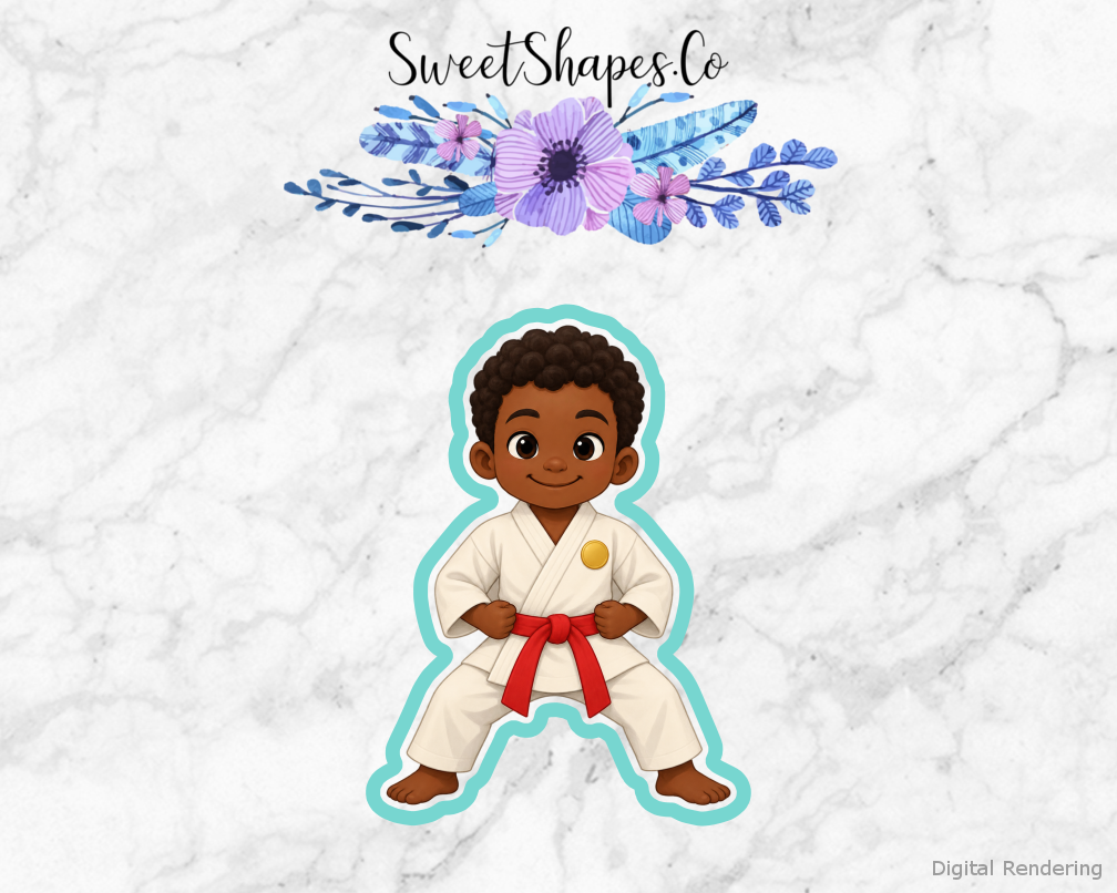Karate Club Ready Stance Student cookie cutter artwork with teal cutting outline - part of the Little Karate Milestones set