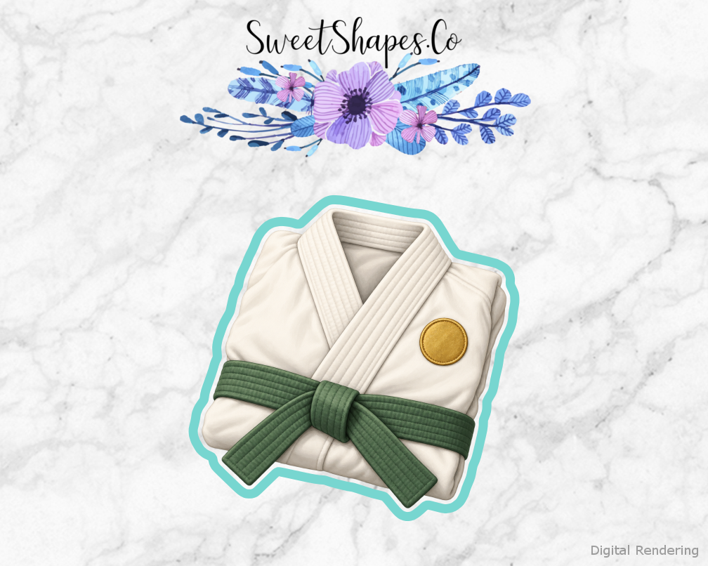 Karate Club Folded Gi cookie cutter artwork with teal cutting outline - part of the Little Karate Milestones set
