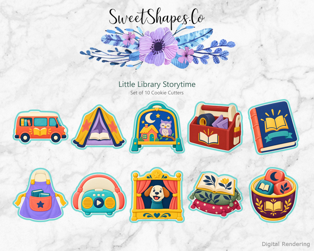 Little Library Storytime Cookie Cutters - Set of 10 - full colour overview with cutting outlines