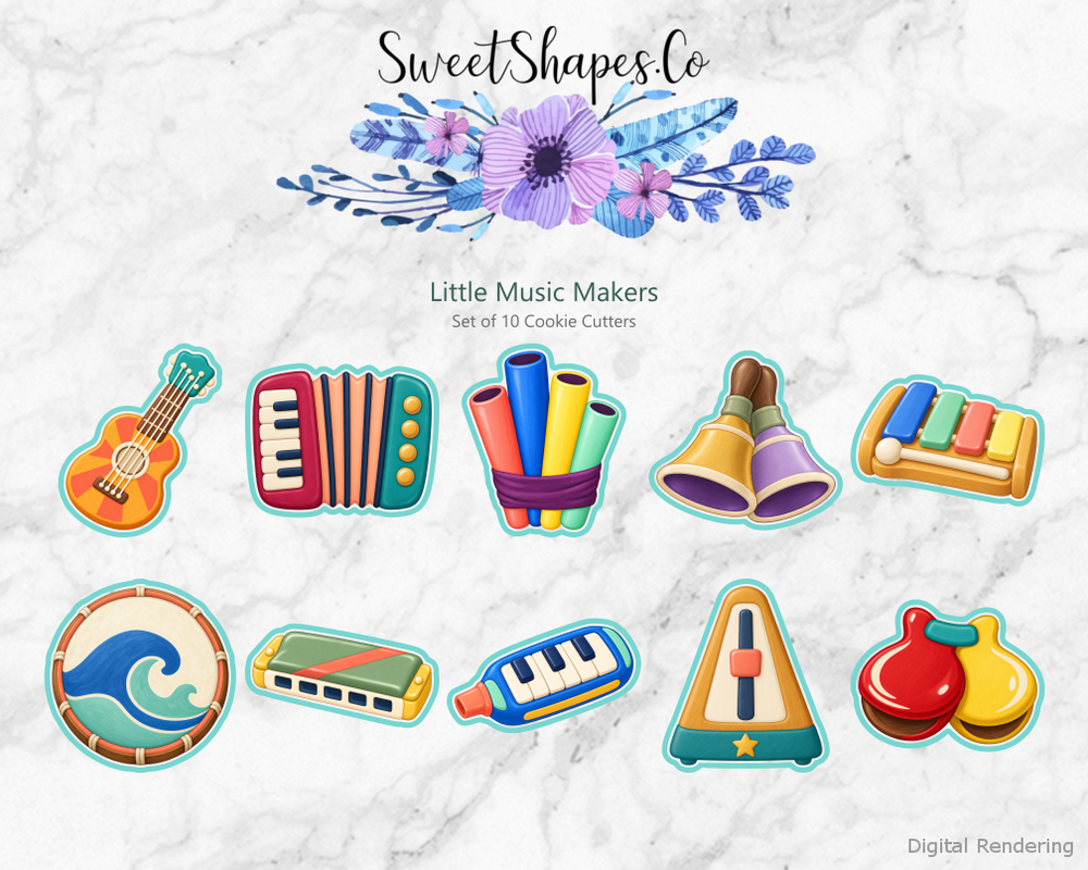 Little Music Makers Cookie Cutters - Set of 10 - full colour overview with cutting outlines