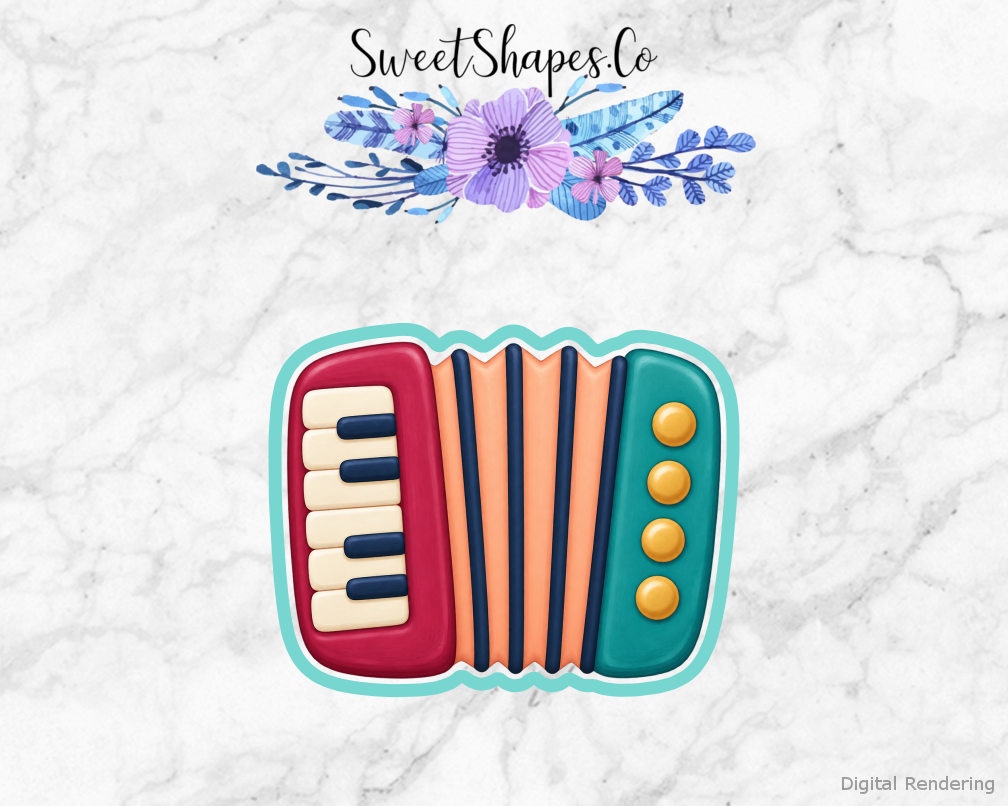 Music Makers Pocket Accordion cookie cutter artwork with teal cutting outline - part of the Little Music Makers set