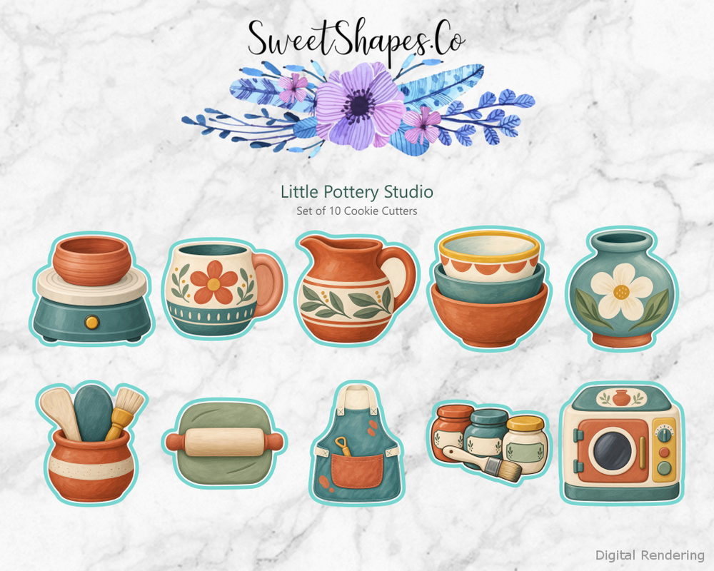 Little Pottery Studio Cookie Cutters - Set of 10 - full colour overview with cutting outlines