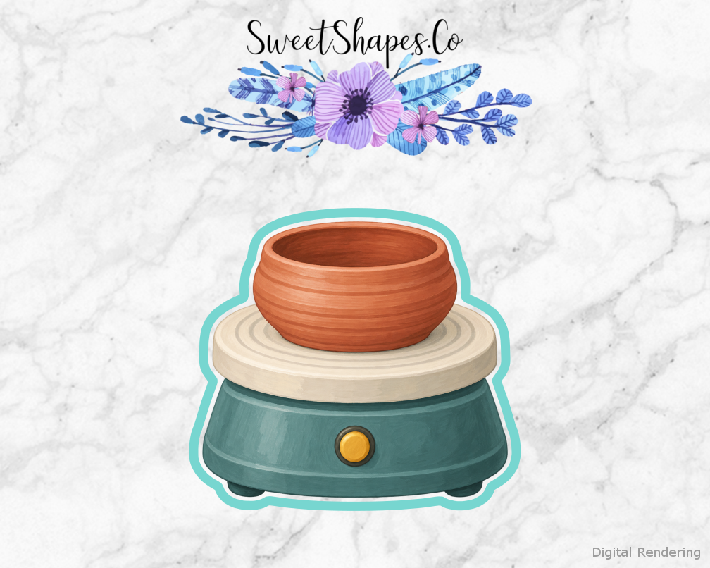 Studio Pottery Wheel with Bowl cookie cutter artwork with teal cutting outline - part of the Little Pottery Studio set