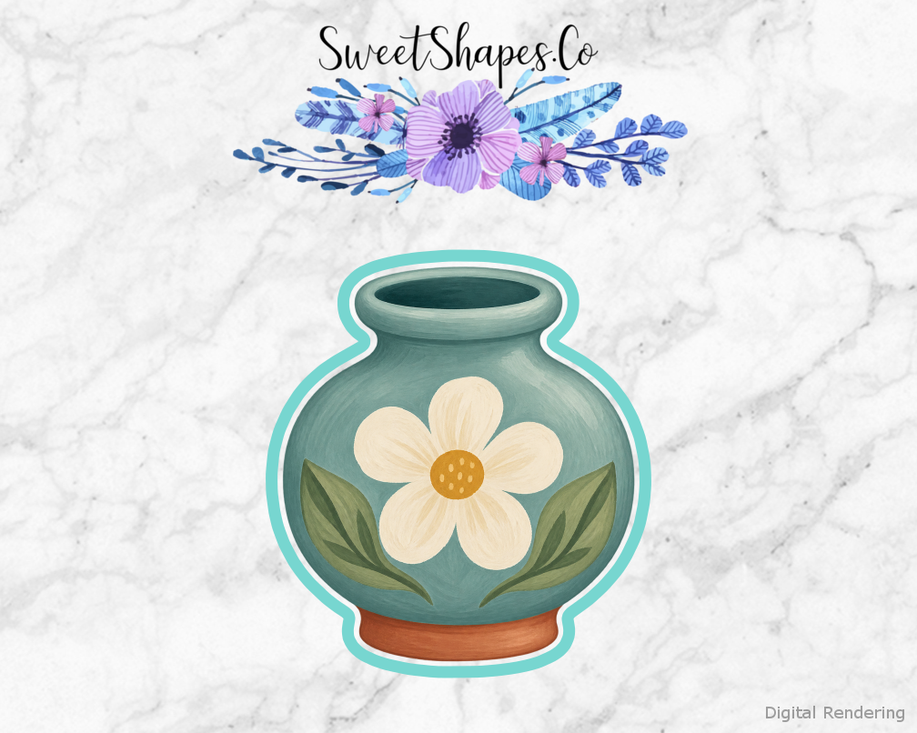 Studio Folk Flower Vase cookie cutter artwork with teal cutting outline - part of the Little Pottery Studio set