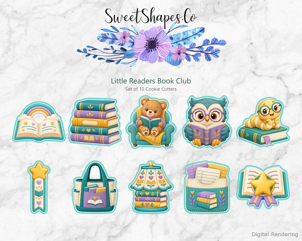 Little Readers Book Club Cookie Cutters - Set of 10 - full colour overview with cutting outlines