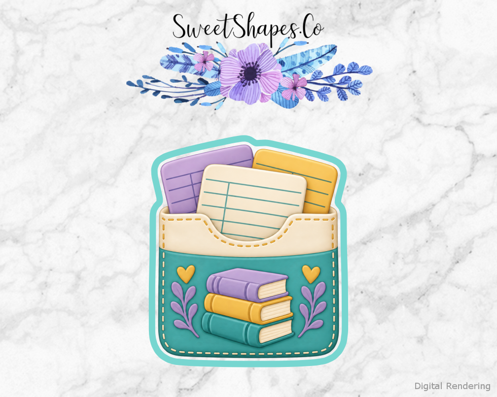 Book Club Library Card Pocket cookie cutter artwork with teal cutting outline - part of the Little Readers Book Club set