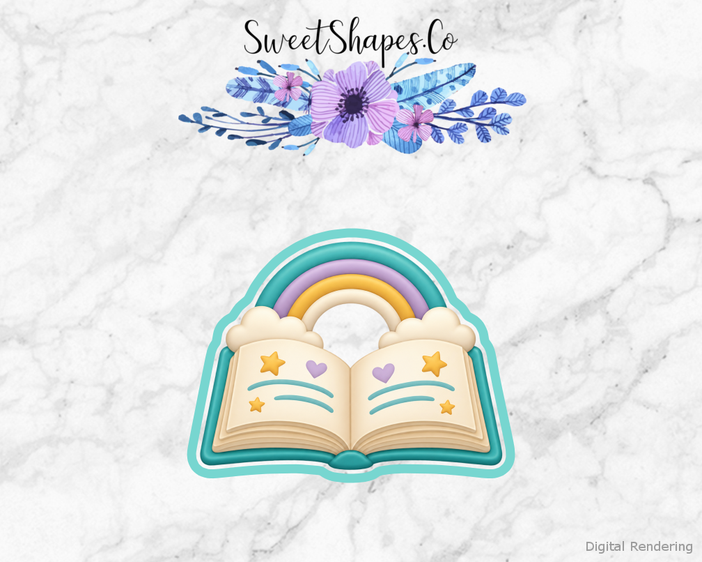 Book Club Open Storybook with Rainbow cookie cutter artwork with teal cutting outline - part of the Little Readers Book Club set