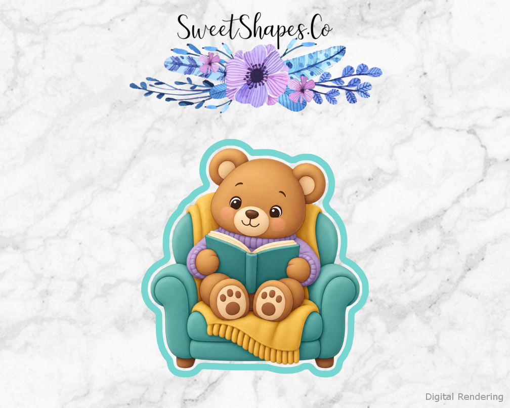 Book Club Reading Bear in Chair cookie cutter artwork with teal cutting outline - part of the Little Readers Book Club set