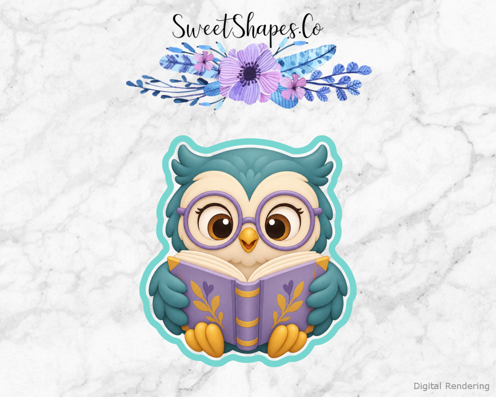 Book Club Owl with Storybook cookie cutter artwork with teal cutting outline - part of the Little Readers Book Club set