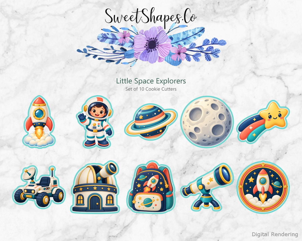 Little Space Explorers Cookie Cutters - Set of 10 - full colour overview with cutting outlines