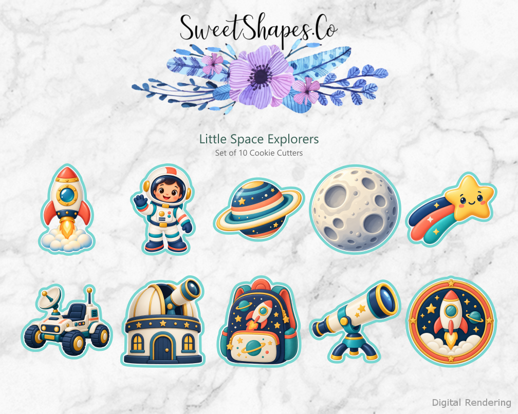 Little Space Explorers Cookie Cutters - Set of 10 - full colour overview with cutting outlines