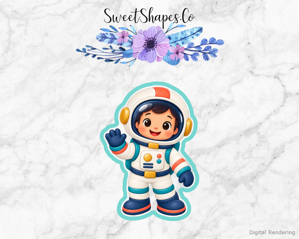 Space Explorer Waving Astronaut cookie cutter artwork with teal cutting outline - part of the Little Space Explorers set
