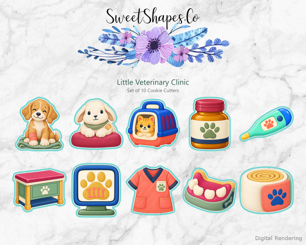 Little Veterinary Clinic Cookie Cutters - Set of 10 - full colour overview with cutting outlines