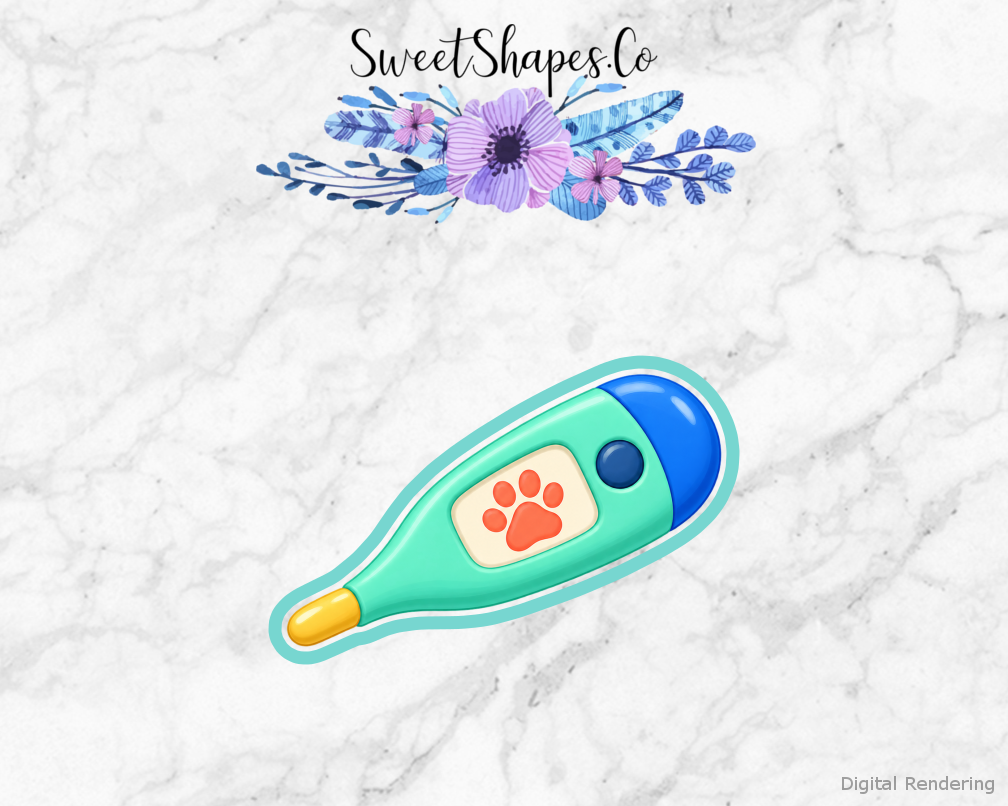 Vet Care Paw Thermometer cookie cutter artwork with teal cutting outline - part of the Little Veterinary Clinic set