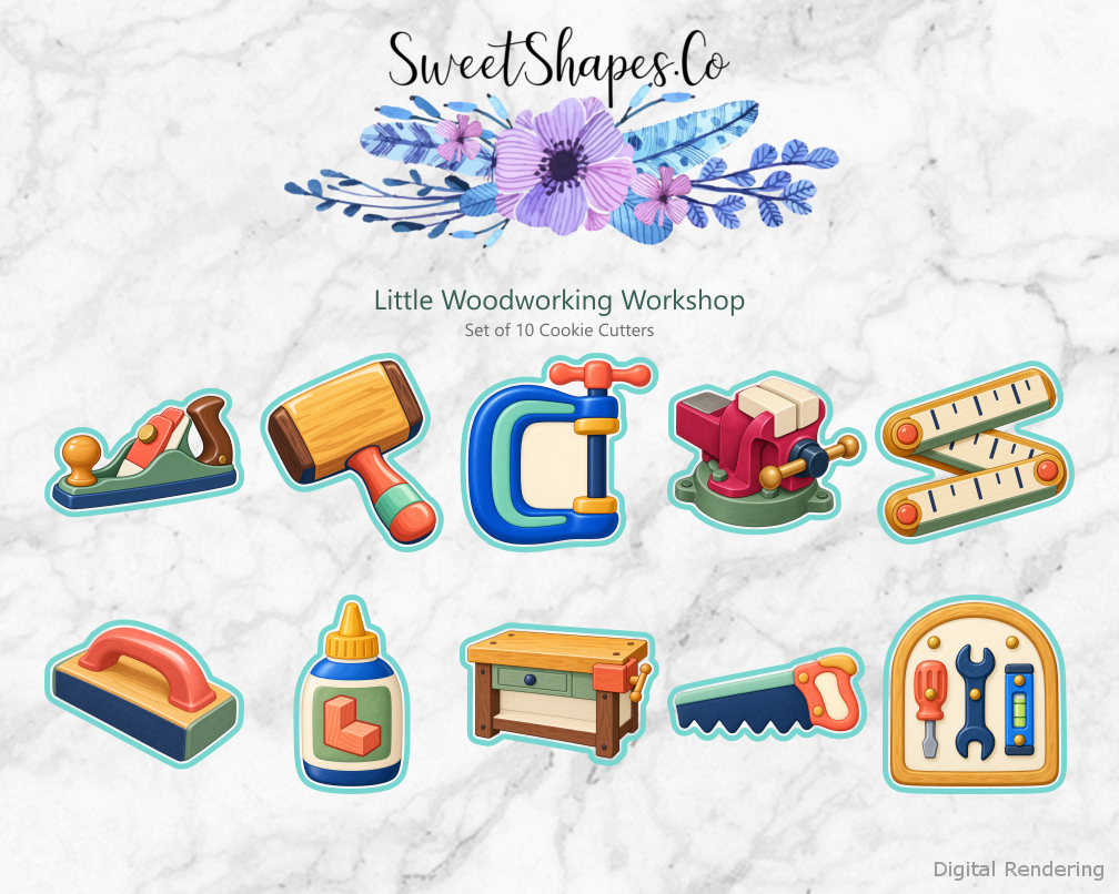 Little Woodworking Workshop Cookie Cutters - Set of 10 - full colour overview with cutting outlines