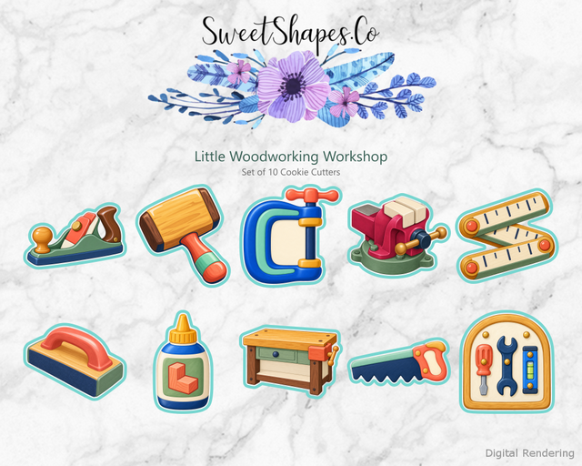 Little Woodworking Workshop Cookie Cutters - Set of 10 - full colour overview with cutting outlines