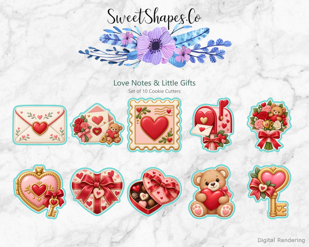 Love Notes & Little Gifts Cookie Cutters - Set of 10 - full colour overview with cutting outlines
