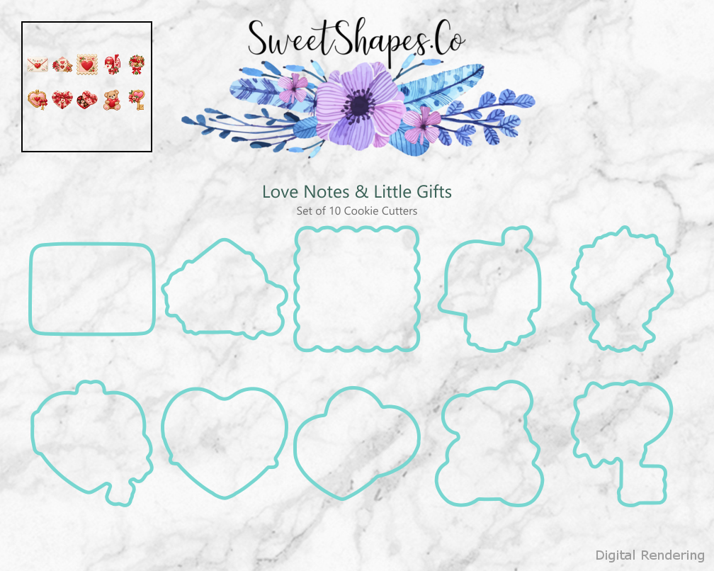 Love Notes & Little Gifts Cookie Cutters - Set of 10 - cutting outline overview