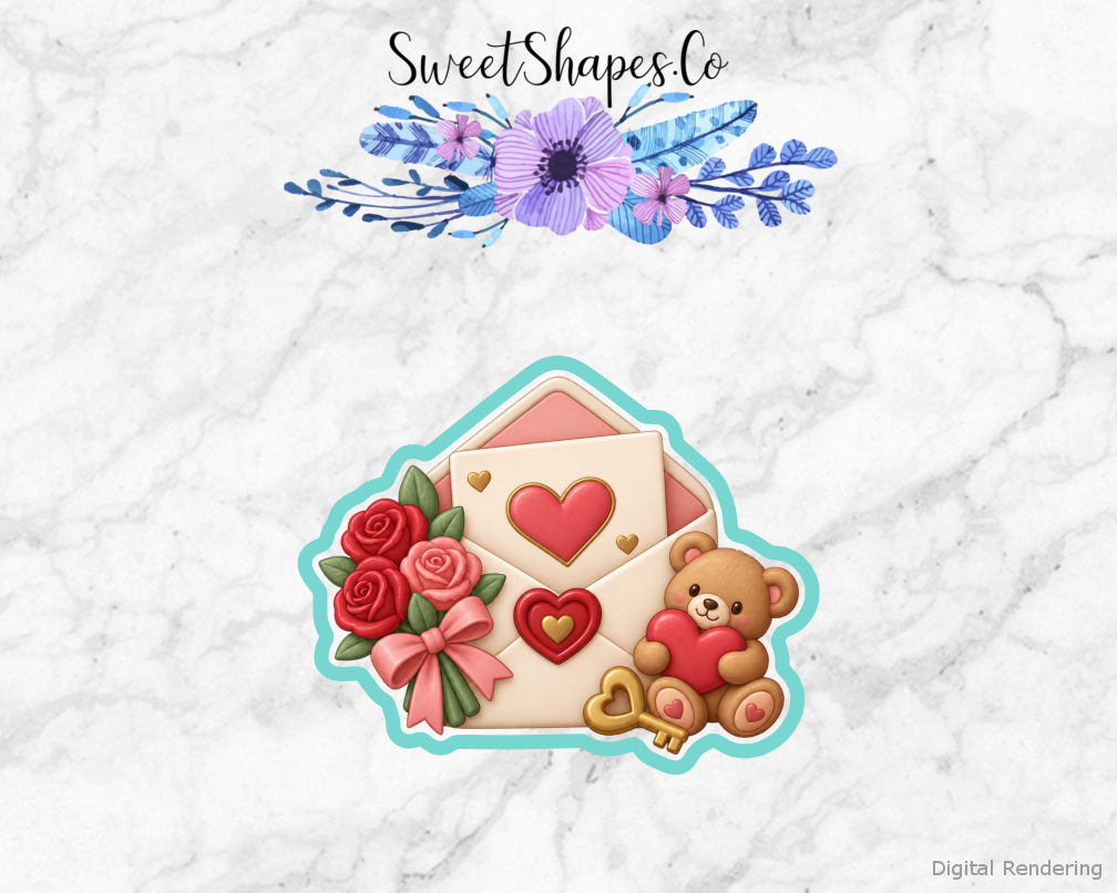 Love Notes Open Love Letter cookie cutter artwork with teal cutting outline - part of the Love Notes & Little Gifts set