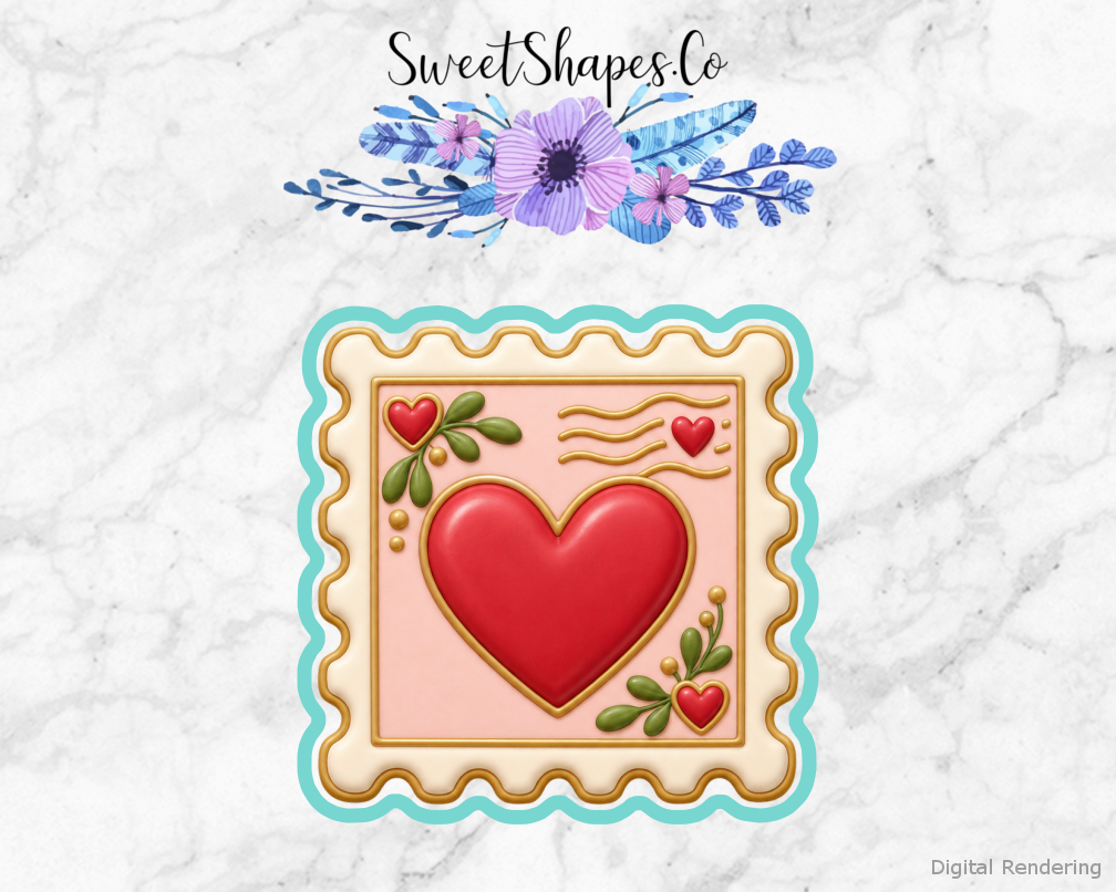 Love Notes Heart Postage Stamp cookie cutter artwork with teal cutting outline - part of the Love Notes & Little Gifts set