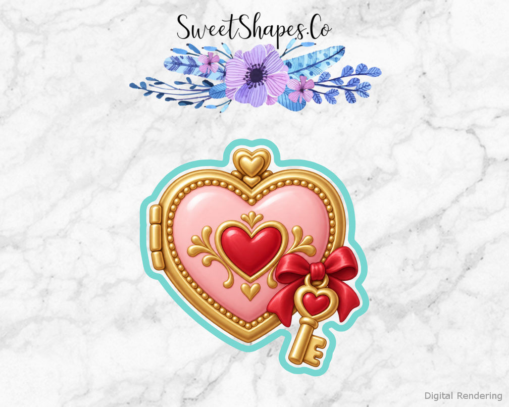 Love Notes Heart Locket cookie cutter artwork with teal cutting outline - part of the Love Notes & Little Gifts set