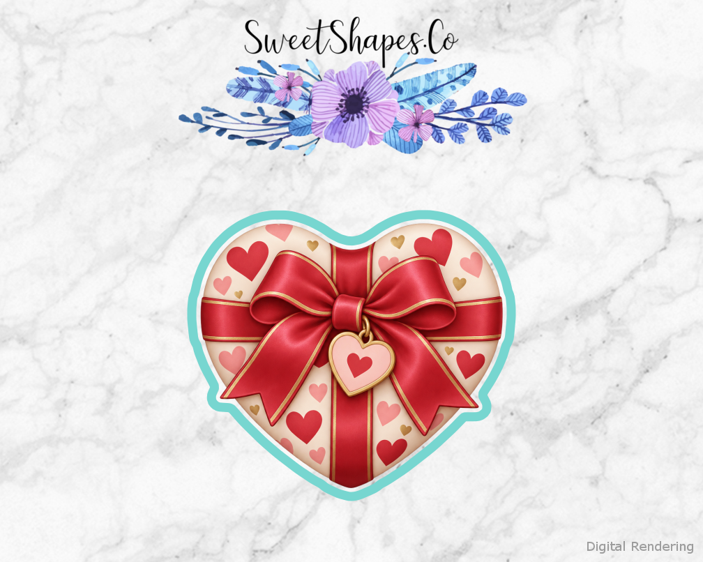 Love Notes Wrapped Heart Gift cookie cutter artwork with teal cutting outline - part of the Love Notes & Little Gifts set