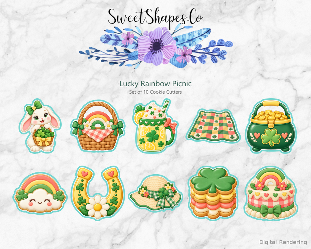 Lucky Rainbow Picnic Cookie Cutters - Set of 10 - full colour overview with cutting outlines