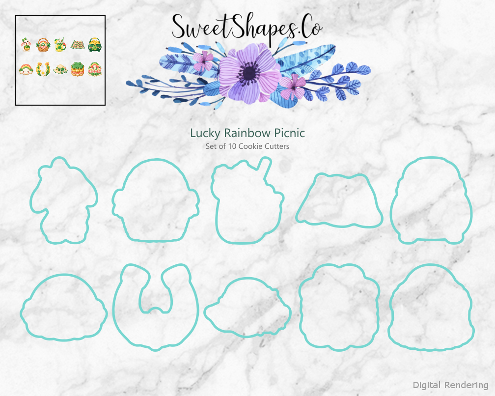 Lucky Rainbow Picnic Cookie Cutters - Set of 10 - cutting outline overview