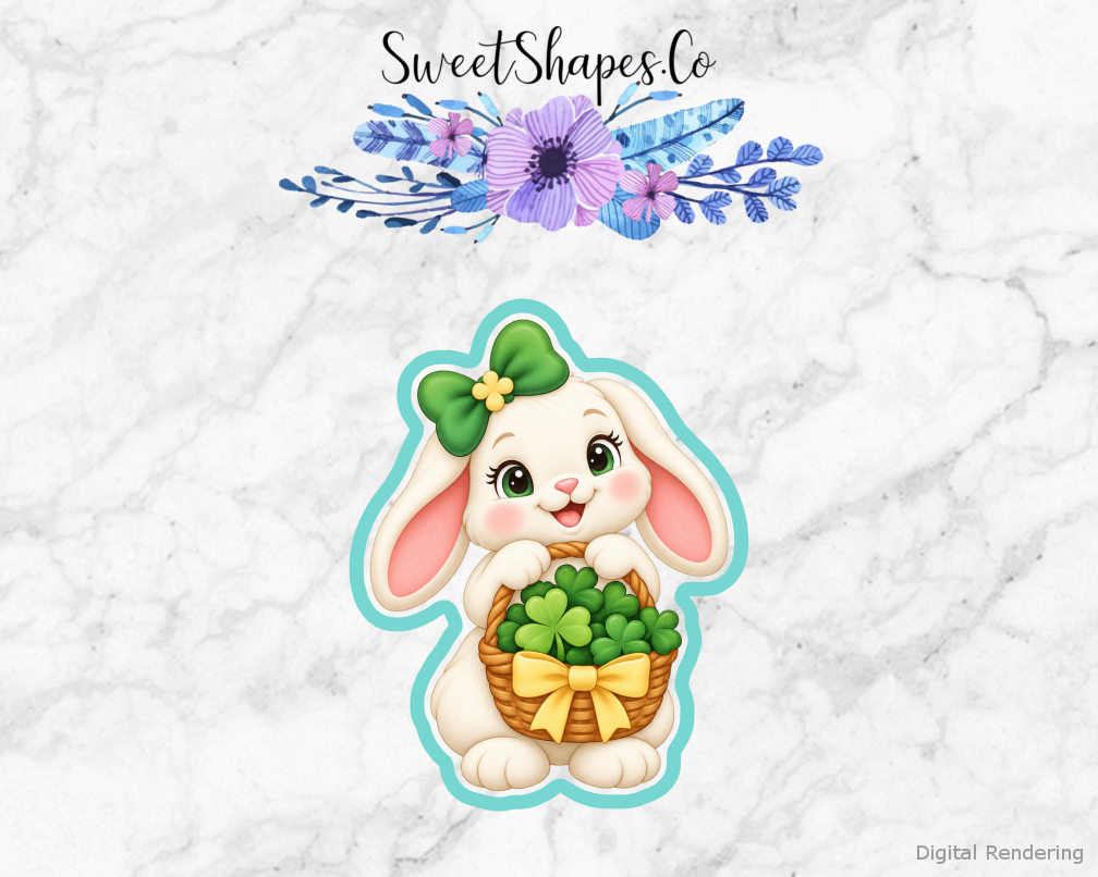 Lucky Picnic Lucky Bunny with Clover Basket cookie cutter artwork with teal cutting outline - part of the Lucky Rainbow Picnic set