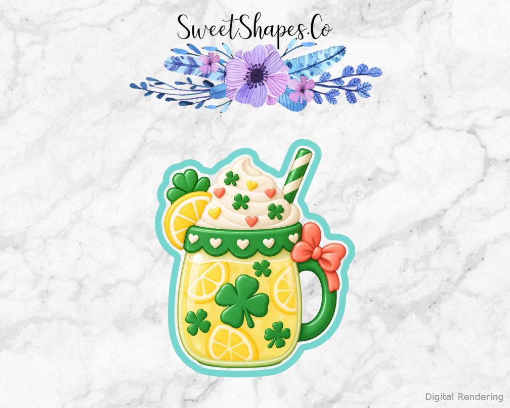 Lucky Picnic Shamrock Lemonade Cup cookie cutter artwork with teal cutting outline - part of the Lucky Rainbow Picnic set